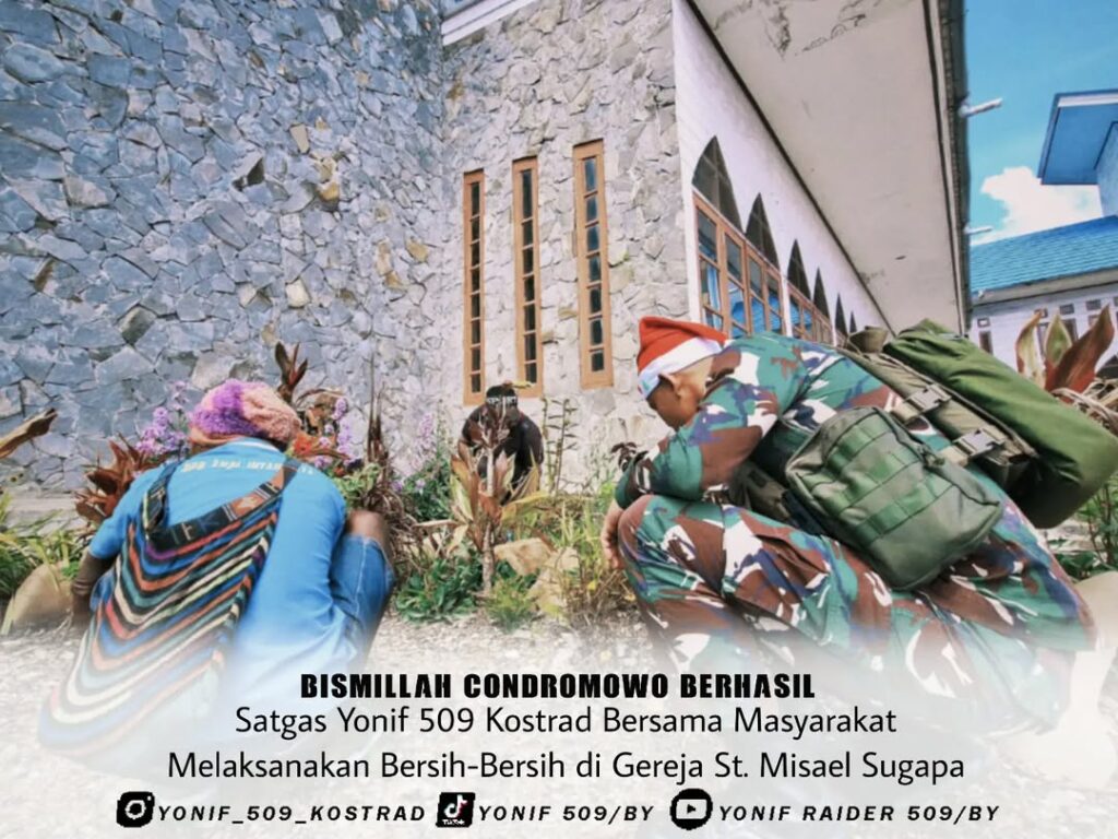 Satgas Yonif 509 Kostrad Bersama Masyarakat Melaksanakan Bersih-Bersih di Gereja St. Misael Sug