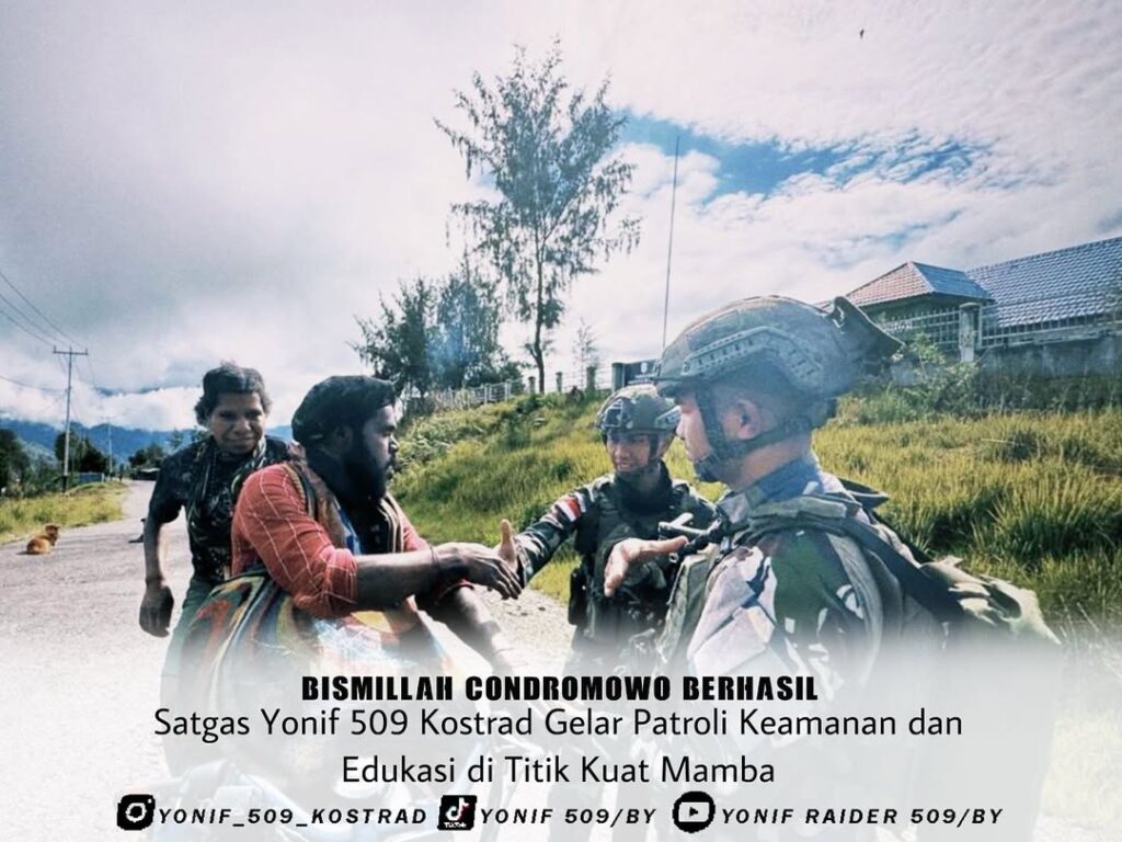 Satgas Yonif 509 Kostrad Gelar Patroli Keamanan dan Edukasi di Titik Kuat Mamba  Intan Jaya – Satgas Yonif 509 Kostrad kembali menunjukkan dedikasinya dalam menjaga stabilitas keamanan dan memberikan rasa aman kepada masyarakat melalui patroli keamanan yang digelar di sekitar wilayah Titik Kuat Mamba. Kegiatan ini juga diiringi dengan pemberian edukasi langsung kepada masyarakat untuk meningkatkan kesadaran akan pentingnya menjaga keamanan bersama. Sabtu (07/12/2024)  Dipimpin oleh Lettu Chk Irawan Suharto, patroli ini menyusuri beberapa wilayah strategis di sekitar Kampung Mamba Bawah. Selain memastikan situasi tetap kondusif, kegiatan ini juga menjadi kesempatan untuk berdialog dengan masyarakat, mendengar masukan, serta memberikan sosialisasi terkait keamanan dan kebersamaan dalam menjaga ketertiban.  “Patroli ini tidak hanya bertujuan untuk memastikan wilayah aman, tetapi juga menjadi momen bagi kami untuk mendekatkan diri kepada masyarakat. Kami ingin masyarakat merasa dilindungi, sekaligus memahami pentingnya menjaga keamanan lingkungan secara bersama-sama,” ujar Lettu Chk Irawan Suharto.  Selama kegiatan, prajurit Satgas Yonif 509 Kostrad memberikan edukasi tentang langkah-langkah pencegahan terhadap tindakan kriminal dan cara melaporkan jika ada hal mencurigakan di sekitar mereka. Selain itu, masyarakat juga diajak untuk tetap menjaga persatuan dan tidak terprovokasi oleh pihak-pihak yang mencoba memecah belah kedamaian di wilayah tersebut.