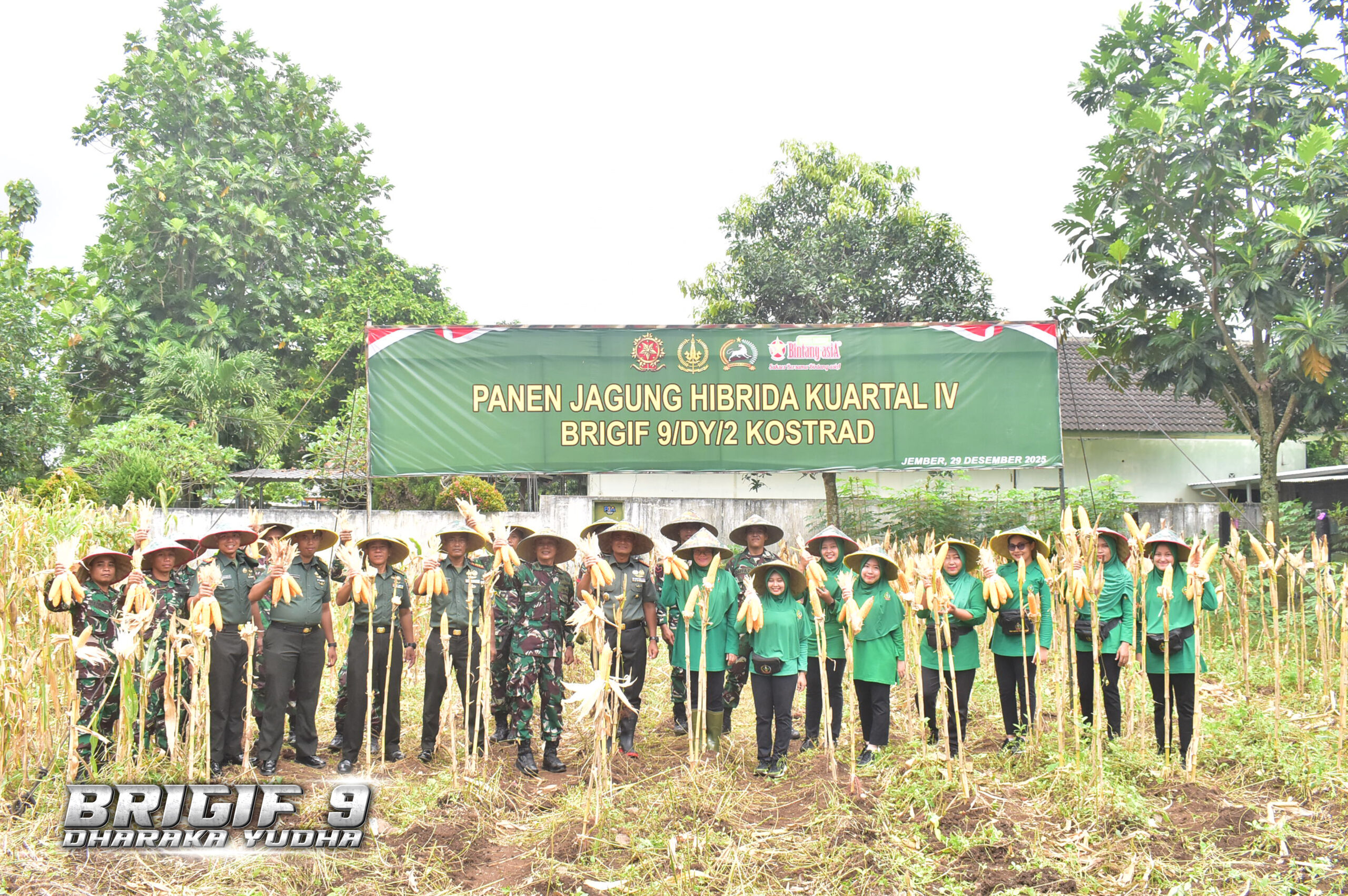 Danbrigif 9/DY/2 Kostrad Gelar Panen Raya di Lahan Ketahanan Pangan Brigif 9/DY/2 Kostrad

Danbrigif 9/DY/2 Kostrad Kolonel Inf Roliyanto, S.I.P., M.I.P. memimpin pelaksanaan Panen Raya Jagung yang didampingi langsung oleh Ketua Persit Kartika Chandra Kirana Cabang XXII Brigif Kostrad Ibu Icha Roliyanto, Perwira Staf Brigif 9 kostrad beserta Prajurit dan Persit Brigif 9 kostrad. dalam rangka mendukung Program Ketahanan Pangan TNI AD bertempat di Kec Patrang, Kab Jember, Jawa Timur. Senin(29/12/2025).

Kegiatan Panen Raya Jagung tersebut sebagai upaya dan dukungan nyata TNI Angkatan Darat dalam mendukung program ketahanan pangan yang dicanangkan oleh pemerintah. Selain itu panen raya Jagung Brigif 9 kostrad berada di dua tempat dimana Luas Lahan satu 1632 M keliling 164 M dan Luas Lahan dua 530,56 M keliling 95.15 M tersebut juga menjadi upaya untuk membantu kesulitan masyarakat khususnya terkait persoalan pangan.

Danbrigif 9/DY/2 Kostrad Kolonel Inf Roliyanto, S.I.P., M.I.P. mengatakan bahwa kegiatan Panen Raya ini merupakan bentuk implementasi dari program unggulan Pangkostrad yaitu mendukung ketahanan pangan. Selain itu kegiatan ini juga menjadi Program TNI AD secara luas untuk mengatasi kesulitan masyarakat di sekelilingnya.

"Dengan memanfaatkan lahan kosong yang ada, dengan ditanami komoditas tanaman pangan akan memperkuat ketahanan pangan suatu wilayah, sekaligus meningkatkan perekonomian masyarakat, dengan stok pangan yang cukup, dan perekonomian masyarakat meningkat, akan menekan laju inflasi, "Tutupnya Danbrigif 9 Kostrad
